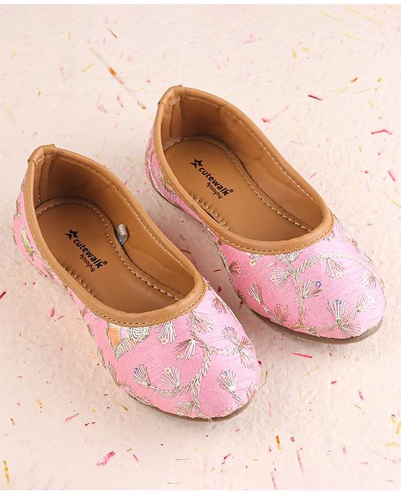 Cute Walk by Babyhug Slip On Mojaris with Floral Embroidery - Pink