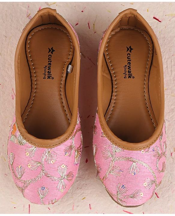 Cute Walk by Babyhug Slip On Mojaris with Floral Embroidery - Pink