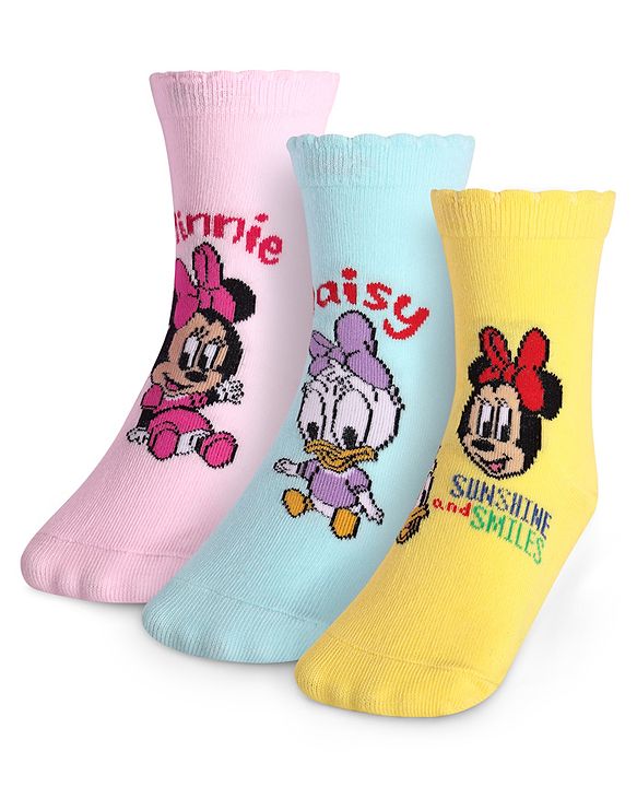 Cute Walk By Babyhug Disney Ankle Length Anti-Bacterial Socks With Minnie Mouse And Family Graphics Pack Of 3 - Pink Light Blue & Yellow