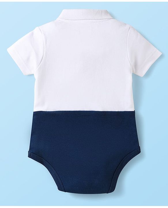 Babyhug 100% Cotton Knit Half Sleeves Onesie With Teddy Bear Patch & Bow Applique - White & Navy Blue