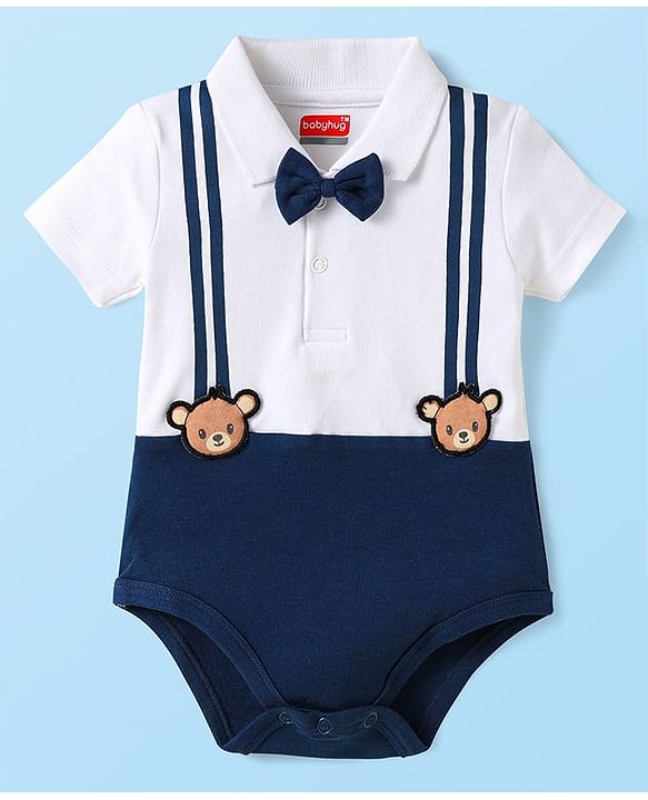 Babyhug 100% Cotton Knit Half Sleeves Onesie With Teddy Bear Patch & Bow Applique - White & Navy Blue