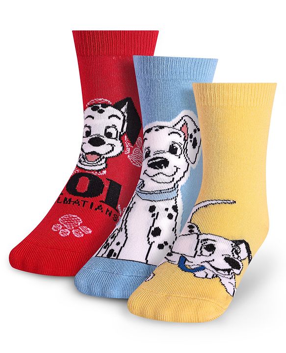 Cute Walk By Babyhug Disney Ankle Length Anti-Bacterial Socks With 101 Dalmatians Graphics Pack Of 3 - Red Light Blue & Yellow