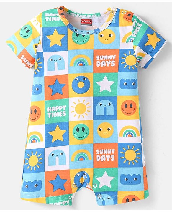 Babyhug 100% Cotton Knit Half Sleeves Romper with Smiley Print - White