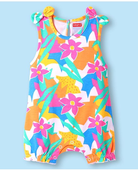 Babyhug 100% Cotton Knit Sleeveless Romper with Floral Print - White
