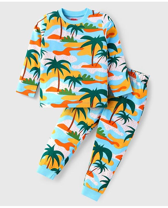 Babyhug Cotton Knit Full Sleeves Night Suit with Tropical Theme Print - Multicolor