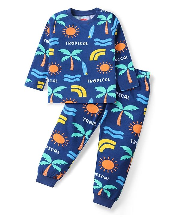 Babyhug Cotton Knit Full Sleeves Night Suit with Tropical Theme Print - Navy Blue