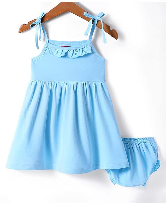 Babyhug Single Jersey Knit Singlet Sleeves Solid Frock with Bloomer - Light Blue