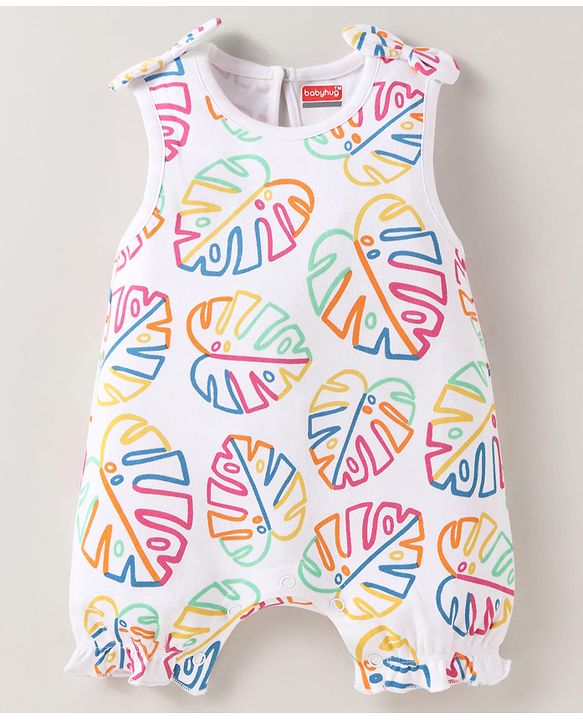 Babyhug 100% Cotton Knit Sleeveless Tropical Theme Printed Romper with Bow Applique - White