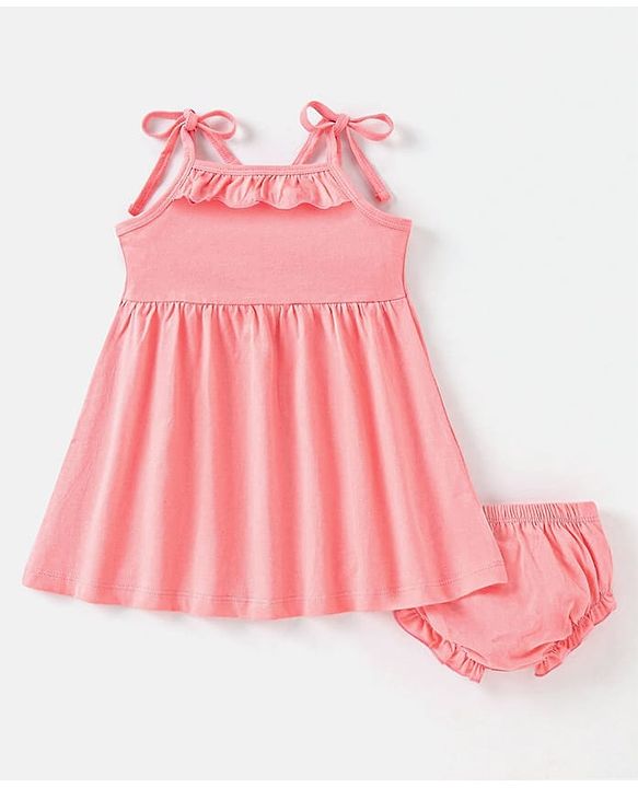 Babyhug Single Jersey Knit Singlet Sleeves Frock with Bloomer & Frill Detailing - Peach