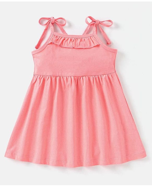 Babyhug Single Jersey Knit Singlet Sleeves Frock with Bloomer & Frill Detailing - Peach