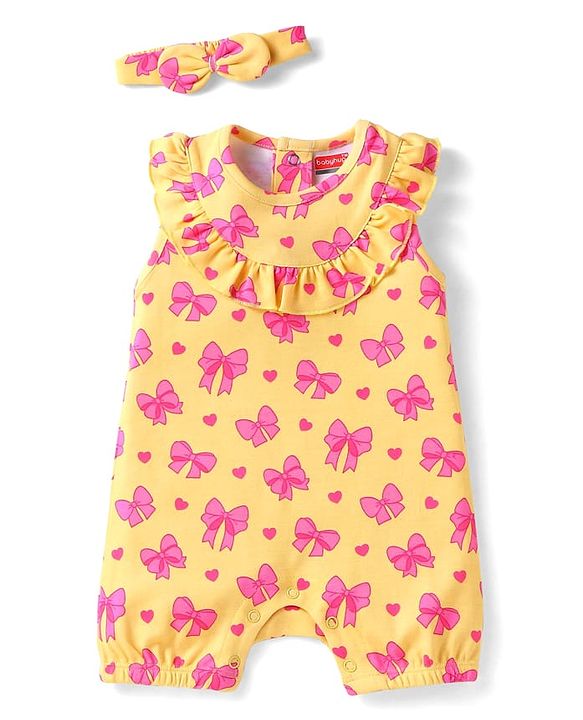 Babyhug 100% Cotton Knit Sleeveless Bow & Hearts Printed Romper with Headband - Yellow