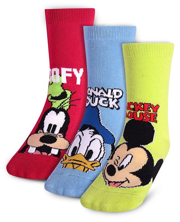 Cute Walk By Babyhug Disney Ankle Length Anti-Bacterial Socks With Mickey, Goofy And Donald Graphics Pack Of 3 - Green Red & Blue