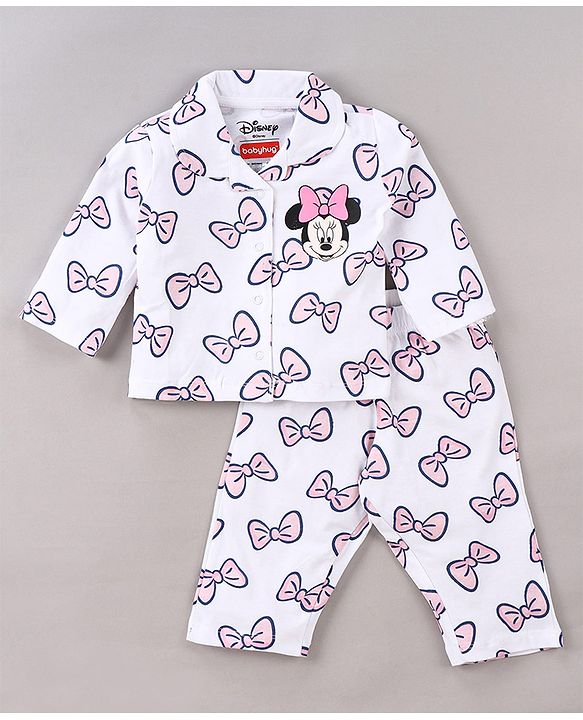 Babyhug Disney Single Jersey Knit Full Sleeves Night Suit With Minnie Mouse Print - White