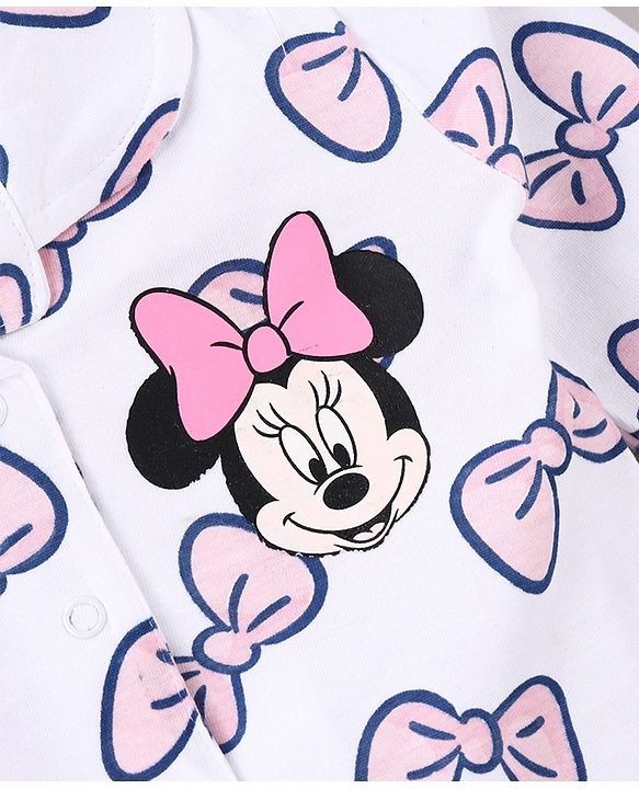 Babyhug Disney Single Jersey Knit Full Sleeves Night Suit With Minnie Mouse Print - White