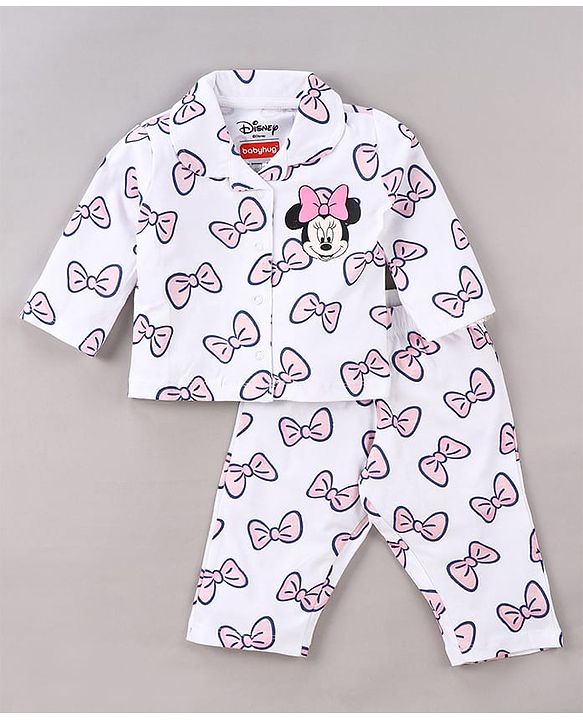 Babyhug Disney Single Jersey Knit Full Sleeves Night Suit With Minnie Mouse Print - White
