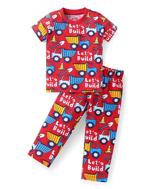 Babyhug Cotton Knit Half Sleeves Night Suit with Construction Vehicle Print - Red