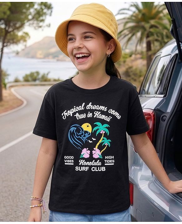 Pine Kids Cotton Knit Half Sleeves T-Shirt With Tropical Theme Text Print - Black