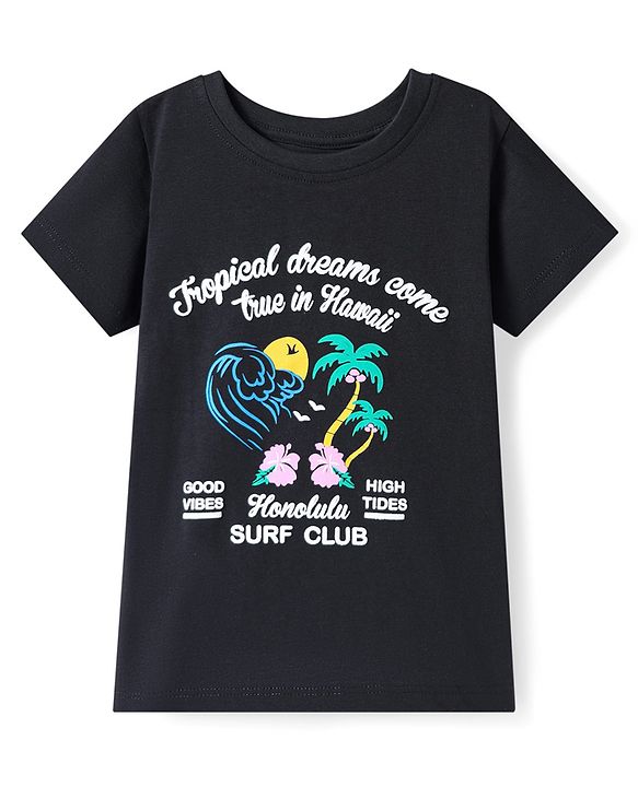 Pine Kids Cotton Knit Half Sleeves T-Shirt With Tropical Theme Text Print - Black