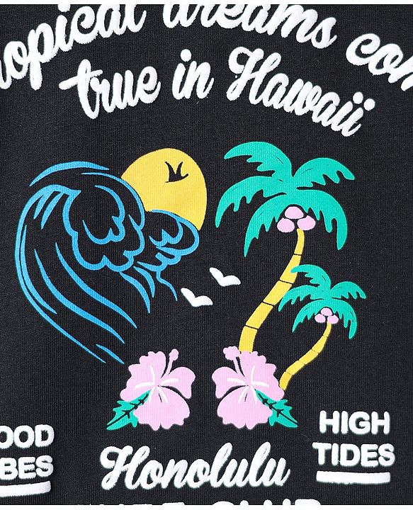 Pine Kids Cotton Knit Half Sleeves T-Shirt With Tropical Theme Text Print - Black