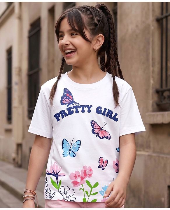 Pine Kids Cotton Knit Half Sleeves T-Shirt with Pretty Girl Text Print - White