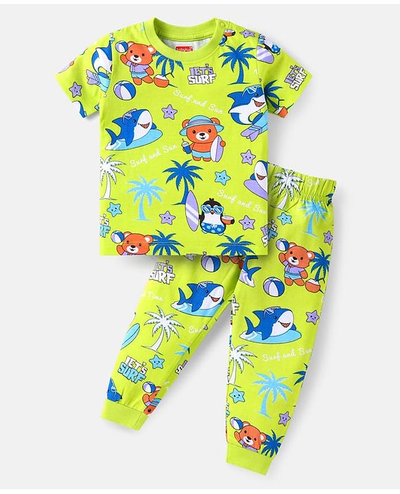 Babyhug 100% Cotton Knit Half Sleeves Night Suit with Beach Theme Print - Light Green
