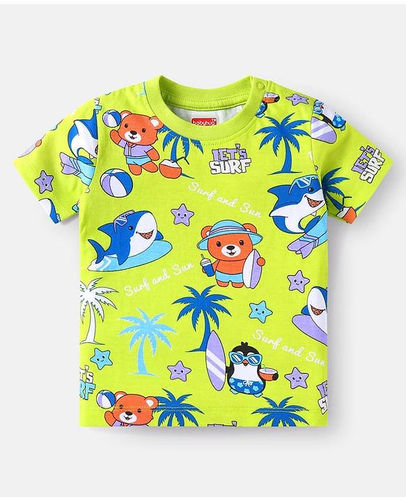Babyhug 100% Cotton Knit Half Sleeves Night Suit with Beach Theme Print - Light Green