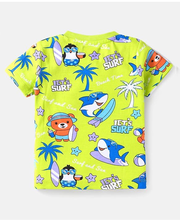 Babyhug 100% Cotton Knit Half Sleeves Night Suit with Beach Theme Print - Light Green