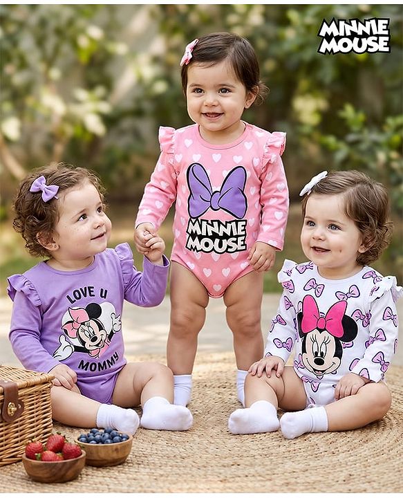 Babyhug Disney Interlock knit Full Sleeves Onesies With Minnie Mouse Graphics & Frill Detailing Pack of 3 - Purple Pink & White