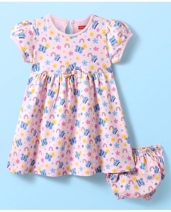 Babyhug Single Jersey Knit Half Sleeves Floral & Butterfly Printed Frock With Bow Applique & Bloomer - Pink