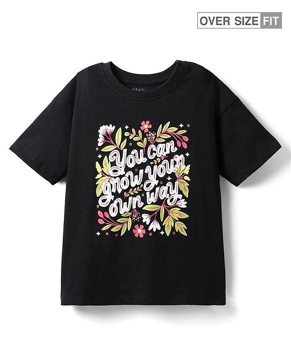 Pine Kids Cotton Knit Half Drop Shoulder Sleeves T-Shirt with Text Print - Black