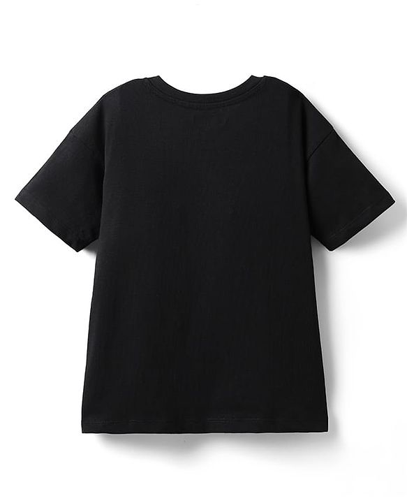 Pine Kids Cotton Knit Half Drop Shoulder Sleeves T-Shirt with Text Print - Black