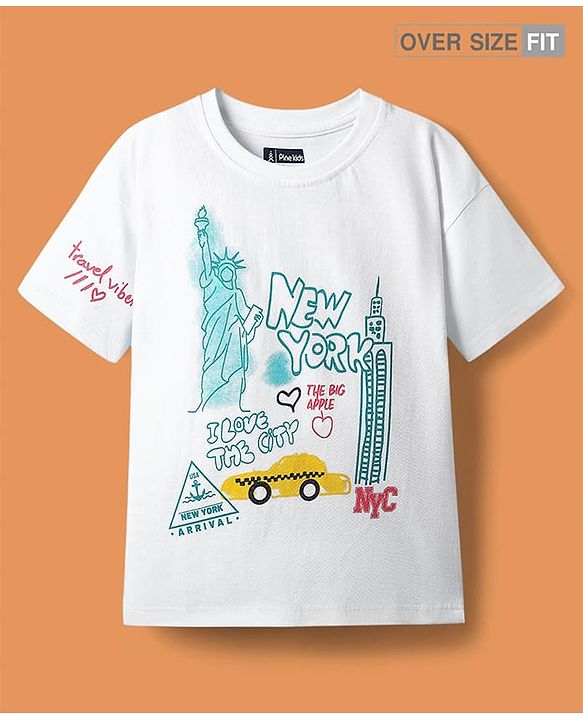 Pine Kids Cotton Knit Half Sleeves T-Shirt with New York Print - White