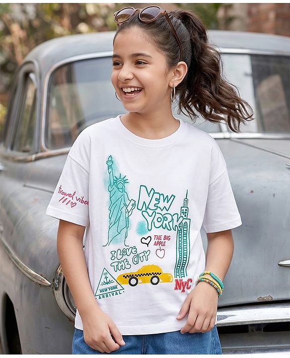 Pine Kids Cotton Knit Half Sleeves T-Shirt with New York Print - White