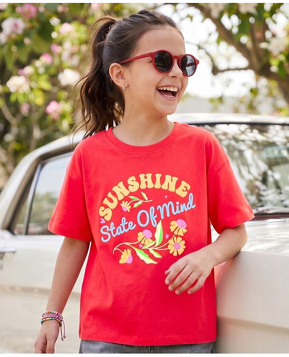 Pine Kids Cotton Knit Half Drop Shoulder Sleeves T-Shirt with Text Print - Red