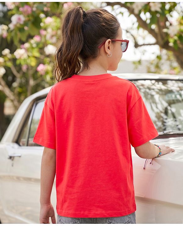 Pine Kids Cotton Knit Half Drop Shoulder Sleeves T-Shirt with Text Print - Red