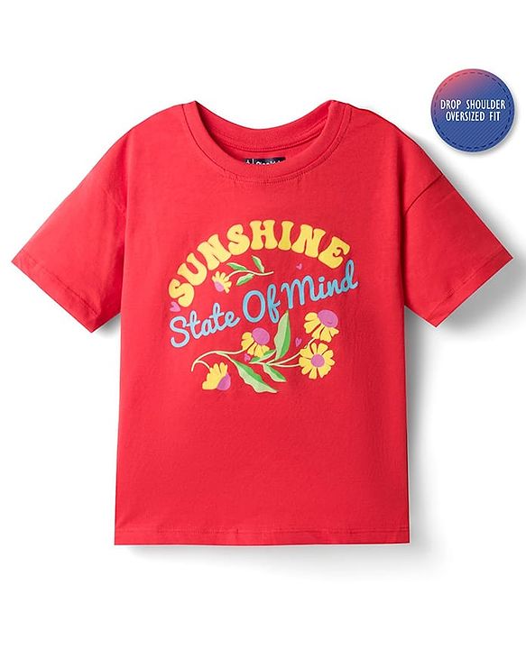 Pine Kids Cotton Knit Half Drop Shoulder Sleeves T-Shirt with Text Print - Red