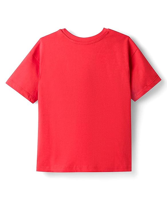 Pine Kids Cotton Knit Half Drop Shoulder Sleeves T-Shirt with Text Print - Red