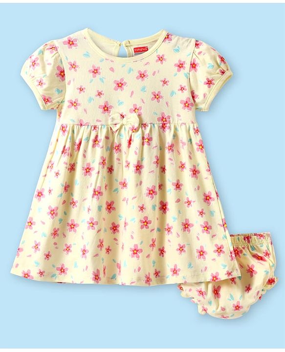 Babyhug Single Jersey Knit Half Sleeves Frock With Bloomer with Floral Print & Bow Applique - Yellow