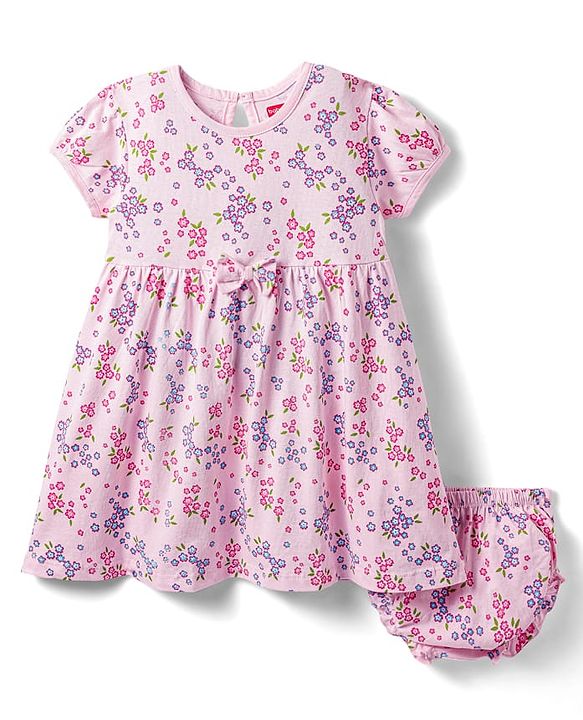 Babyhug Single Jersey Knit Half Sleeves Floral Printed Frock with Bloomer & Bow Applique - Pink