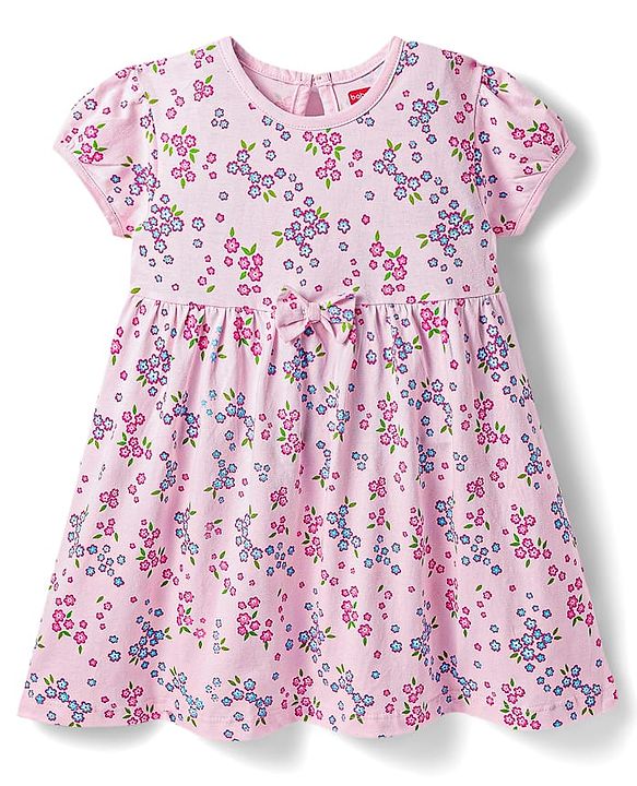 Babyhug 100% Cotton Single Jersey Knit Half Sleeves Floral Printed Frock with Bloomer & Bow Applique - Pink