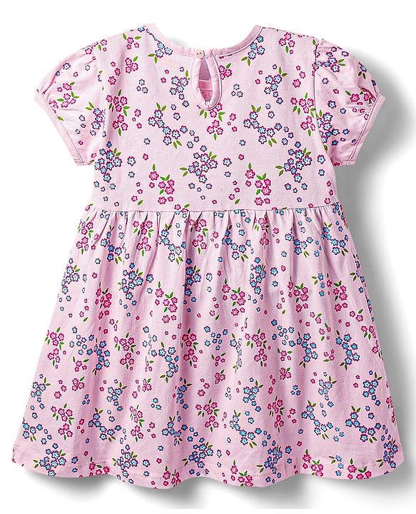 Babyhug 100% Cotton Single Jersey Knit Half Sleeves Floral Printed Frock with Bloomer & Bow Applique - Pink
