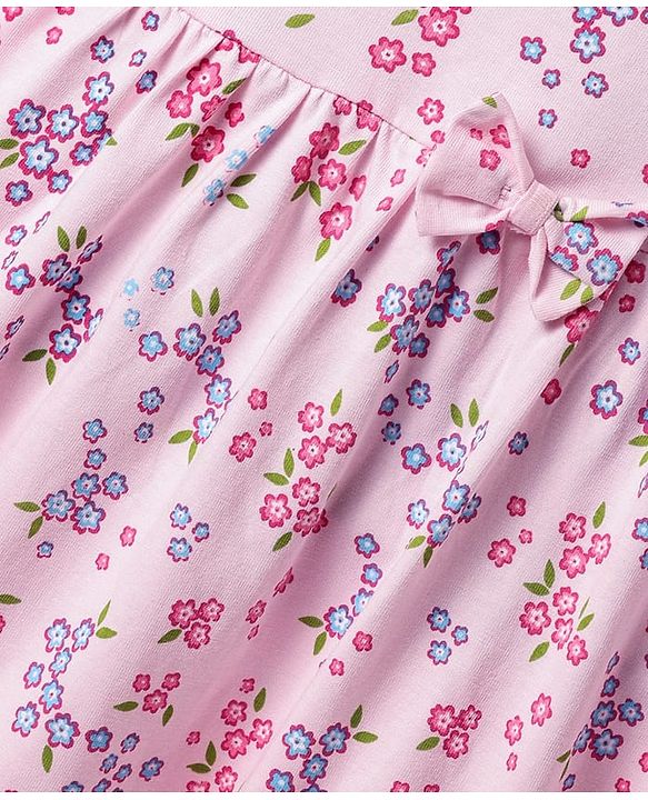 Babyhug 100% Cotton Single Jersey Knit Half Sleeves Floral Printed Frock with Bloomer & Bow Applique - Pink