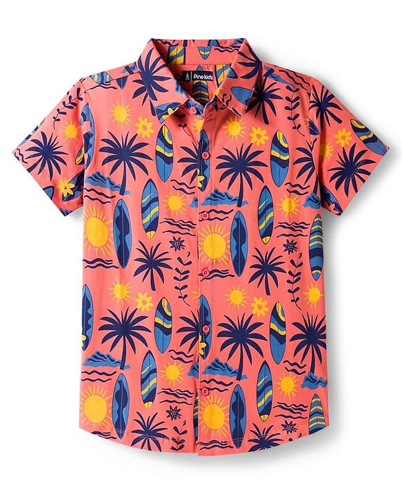 Pine Kids Cotton Knit Half Sleeves Shirt With Tropical Theme Print - Coral