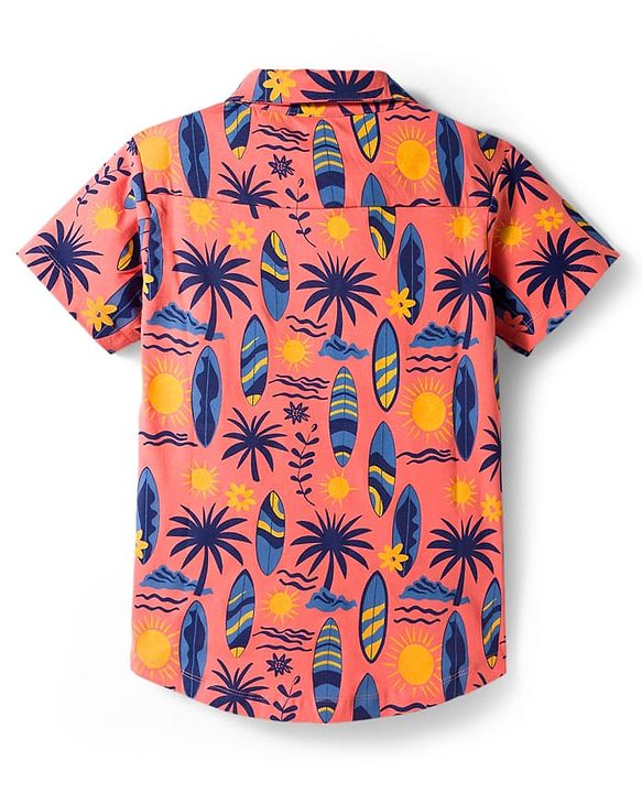 Pine Kids Cotton Knit Half Sleeves Shirt With Tropical Theme Print - Coral