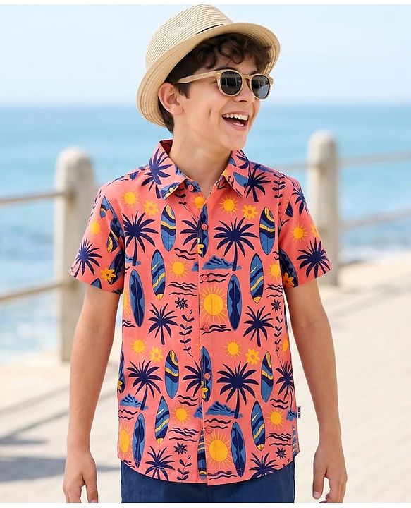 Pine Kids Cotton Knit Half Sleeves Shirt With Tropical Theme Print - Coral