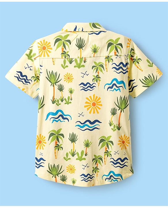 Pine Kids Cotton Knit Half Sleeves Shirt With Tropical Print - Yellow