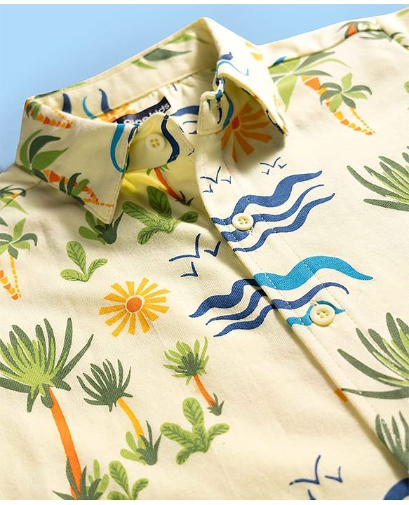 Pine Kids Cotton Knit Half Sleeves Shirt With Tropical Print - Yellow