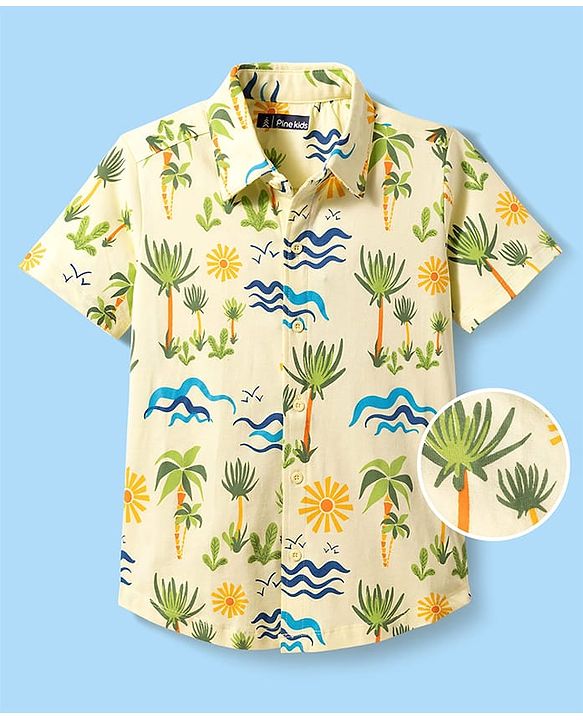 Pine Kids Cotton Knit Half Sleeves Shirt With Tropical Print - Yellow