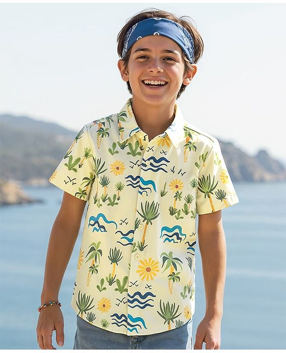 Pine Kids Cotton Knit Half Sleeves Shirt With Tropical Print - Yellow