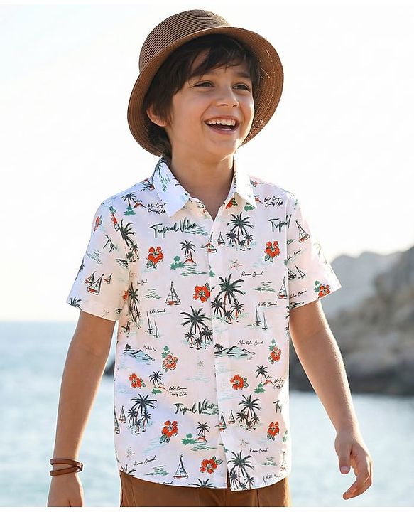 Pine Kids Cotton Knit Half Sleeves Shirt with Beach Theme Print - White